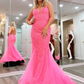 Mermaid Spaghetti Straps Hot Pink Long Prom Dress Lace Formal Dress           fg6321