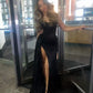 Black long prom dress with Slit ,strapless evening dress        fg6766