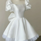 White Satin Homecoming Dress 2024 Puffy Short Sleeves       fg6471