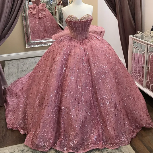 Pink Sequined Ball Gown Quinceanera Off The Shoulder Corset Lace Beads Crystal Sweet 16 Dress     fg6633