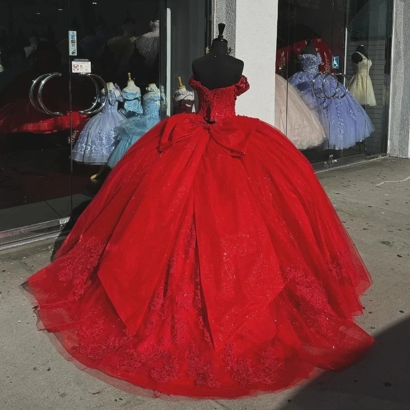 Princess Ball Gown Quinceanera Dresses Red Bow Lace Appliques Beaded Sweet 16 Dress       fg6292