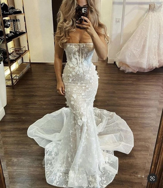 Charming Strapless Mermaid Princess Beach Vintage Long Wedding Dresses, Bridal Gown        fg6958