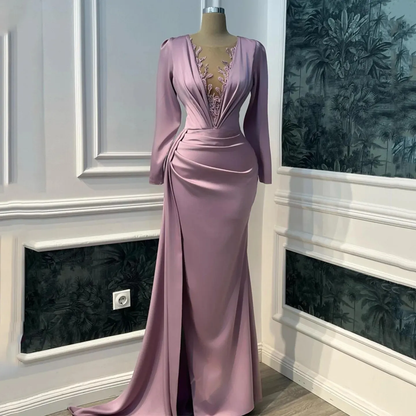 Vintage Prom Dresses Long Sleeve Illusion V-neck Mermaid Evening Dress Floor Length Saudi Arabia Cocktail Party Gowns     fg6555