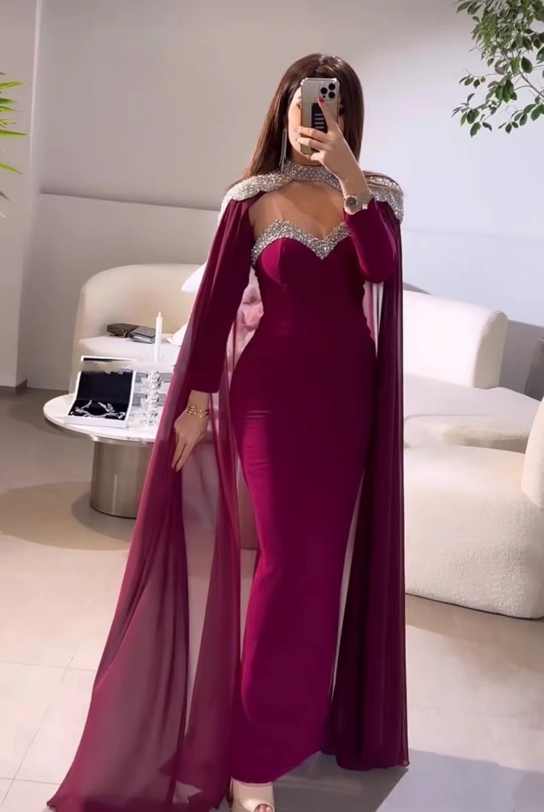 Elegant Middle East Prom Dresses with Chiffon Cape Spaghetti Straps Long Sleeve Evening Gowns Formal Occasion Party Dress       fg6411