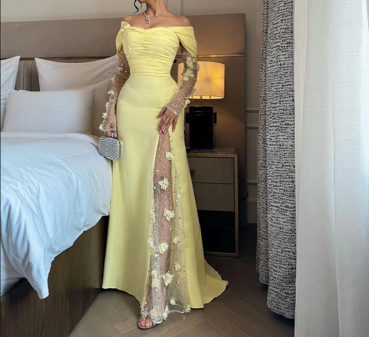 Elegant Prom Dresses Long Yellow Evening Dress Off Shoulder Formal Wedding Party Dress    fg7463