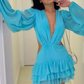 Fashion Long Sleeves Chiffon Dress Deep V Neck Short Prom Party Gown        fg6260