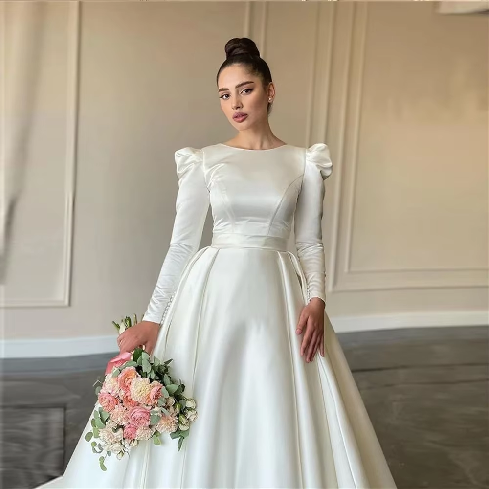 Simple wedding dress with sleeves, satin ball gown      fg6430