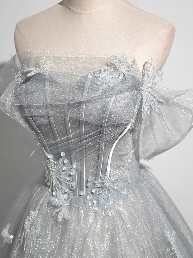 Gray A-Line Off the Shoulder Tulle Prom Dress, Lovely Corset Floor Length Party Dress     fg6478