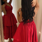 Elegant Short Satin Halter Evening Dresses Muslim Backless A-Line Red Dress Formal Dress Pleated Tea Length Gowns         fg6308