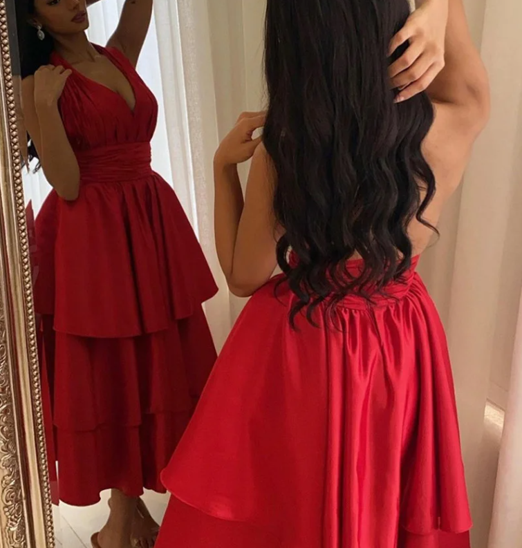 Elegant Short Satin Halter Evening Dresses Muslim Backless A-Line Red Dress Formal Dress Pleated Tea Length Gowns         fg6308