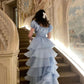 Sky Blue Tiered Skirt Prom Dress Puff Short Sleeves Formal Party Evening Gown   fg7259