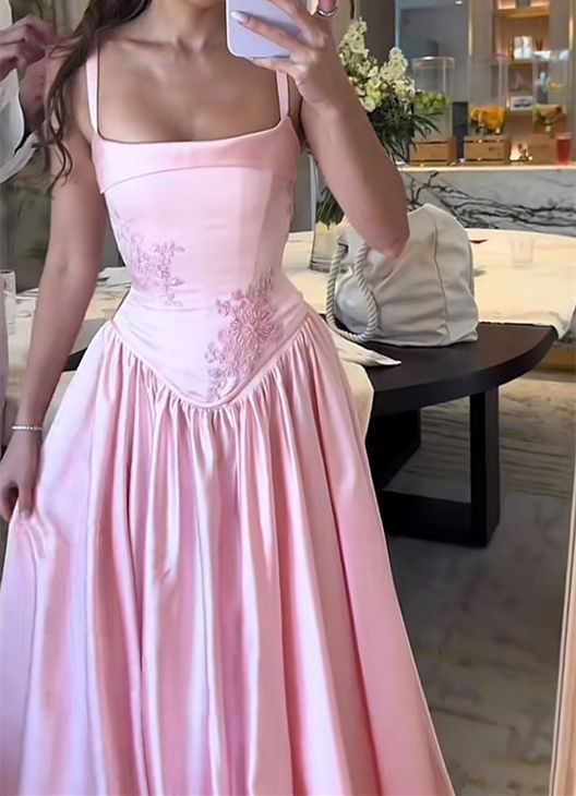 Elegant Pink Satin A-Line Long Evening Dress Birthday Outfit     fg7252