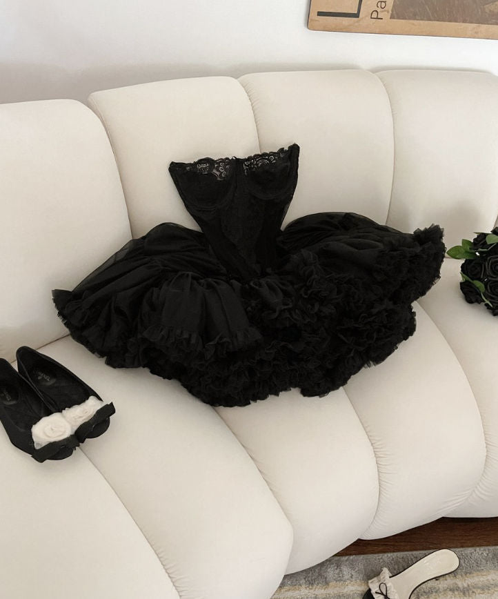 Cute Ball Gown Strapless Black Ruffles Lace Homecoming Dress Short Birthday Outfits     fg7243