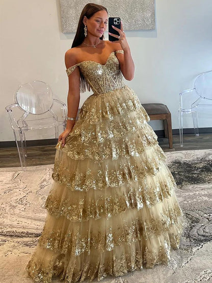 Gold A-Line Tulle Gold Sequin Long Prom Dress, Gold Long Evening Dress     fg5526