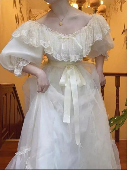 Vintage Victorian Style White Princess Dress Retro Lace Puff Sleeve  Romantic Dress     fg7265