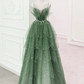 Green Layers Tulle Straps Beaded Long Party Dress, Green Long Formal Dress     fg4491