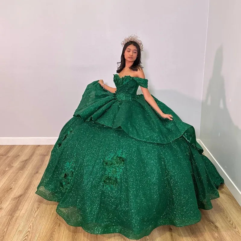 Emerald Green Shiny Handmade 3D Flowers Beading Quinceanera Dresses Ball Gown Off The Shoulder Sweet 16 Dress    fg5762