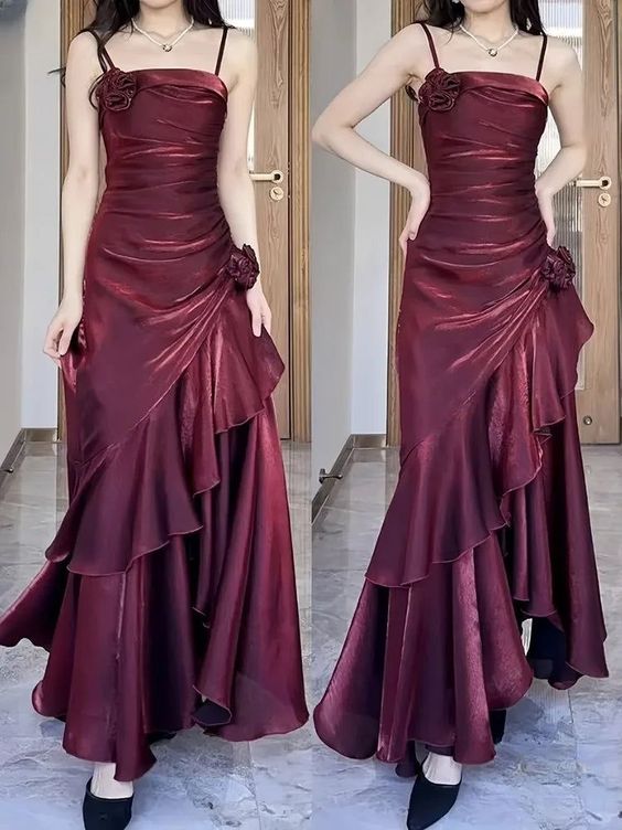 Spaghetti Straps Women Dress Custom Sexy Wine Red Tiered 3D Flower Evening Dress        fg6895