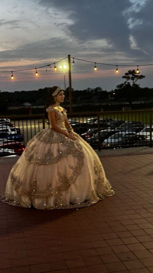 Sparkly Champagne Ball Gown Quinceanera Dress Sweetheart Birthday Party Off The Shoulder Sweet 16 Dress      fg6900