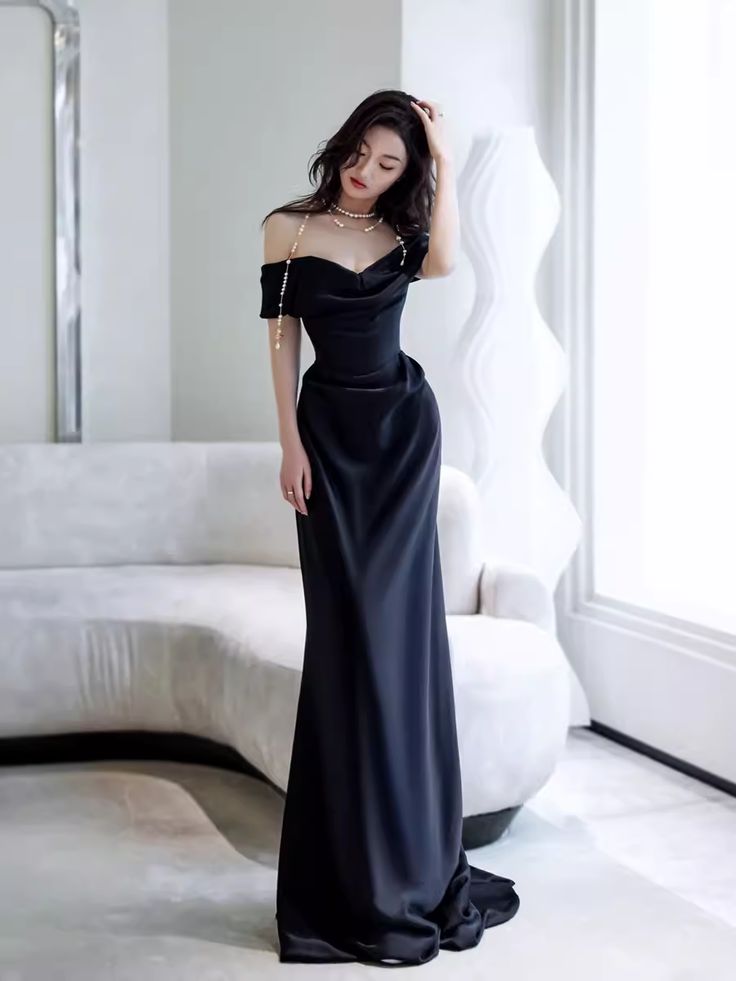 Simple Mermaid Off The Shoulder Black Prom Dresses Evening Dress     fg6846