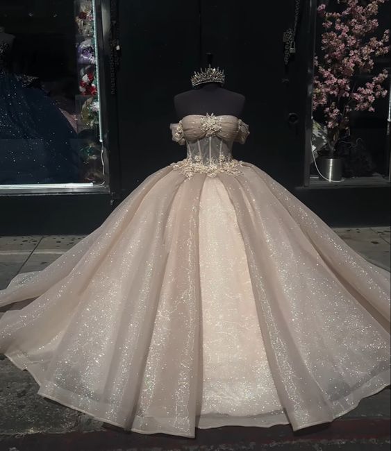 Shimmering Champagne Princess Quinceanera Dress with Off-the-Shoulder Glitter Corset for Sweet 16 Prom       fg6833