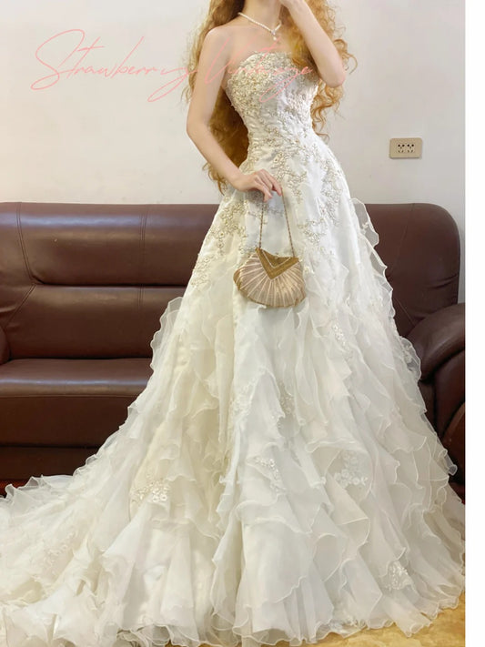 A Line Strapless Elegant Wedding Dress Long Bridal Gown   fg7594