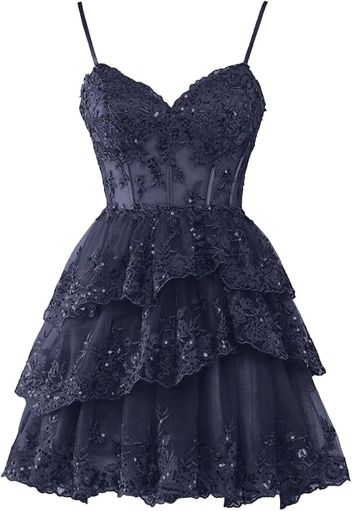 Navy Homecoming Dresses for Teens Tulle Lace Applique Tiered A-line Formal Short Mini Prom Dress      fg6211