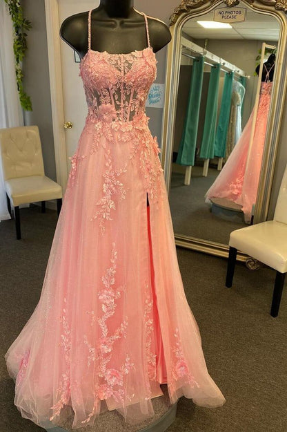 Shiny Straps Pink 3D Floral A-line Long Prom Formal Dress With Slit      fg5939