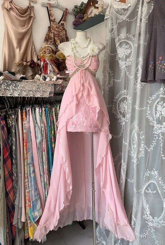 Pink Chiffon Strapless Long Prom Dresses Vintage Formal Evening Dress  fg7591