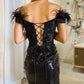 Black Sequin Off-the-Shoulder Lace-Up Short Gown with Feathers       fg5976