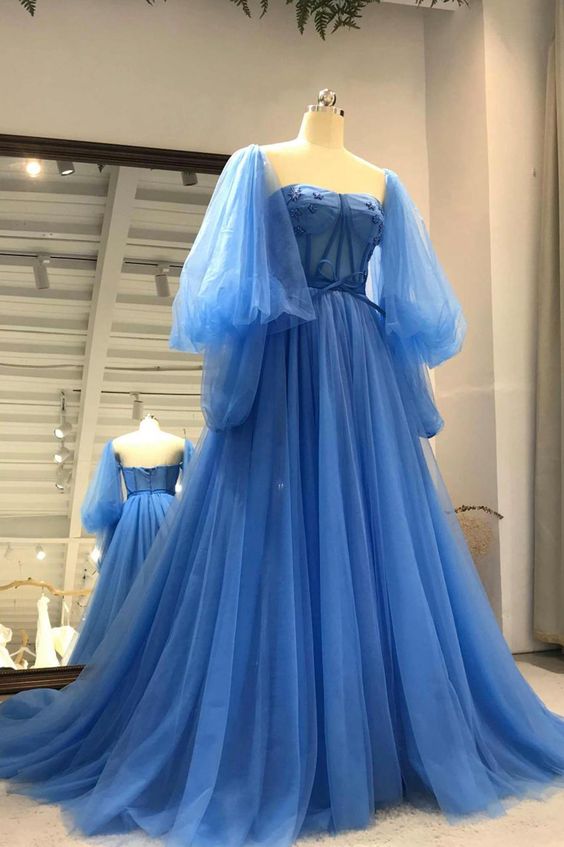 Tulle Long Sleeve Prom Dress, A-Line Tulle Formal Evening Dress         fg6328