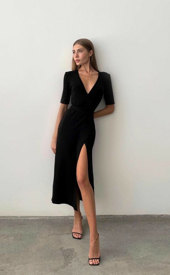 Sexy Black Split Half Sleeve Dress Evening Dress     fg5876