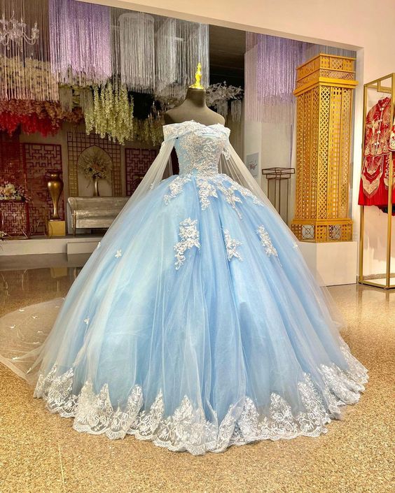 Gorgeous Blue Quinceanera Dresses With Cape Luxury Flowers Corset Ball Gown Princess Birthday Party Dress Sweet 15 Vestios Gala     fg5745