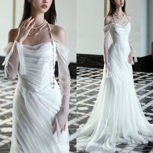 Elegant Off Shoulder Simple Wedding Dress Long Bridal Gown   fg7558