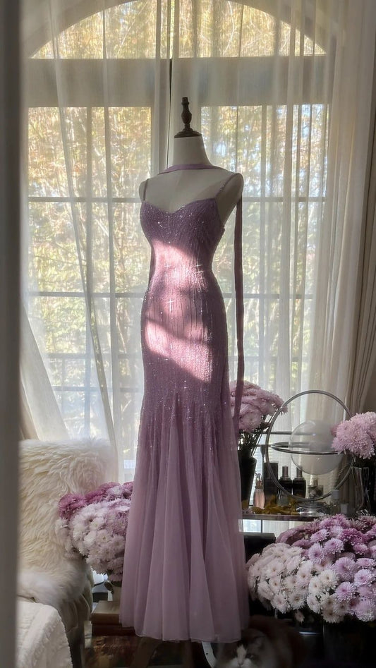 Purple Elegant Mermaid Spaghetti Strap Tulle Sequin Prom Dress Evening Gown   fg7613