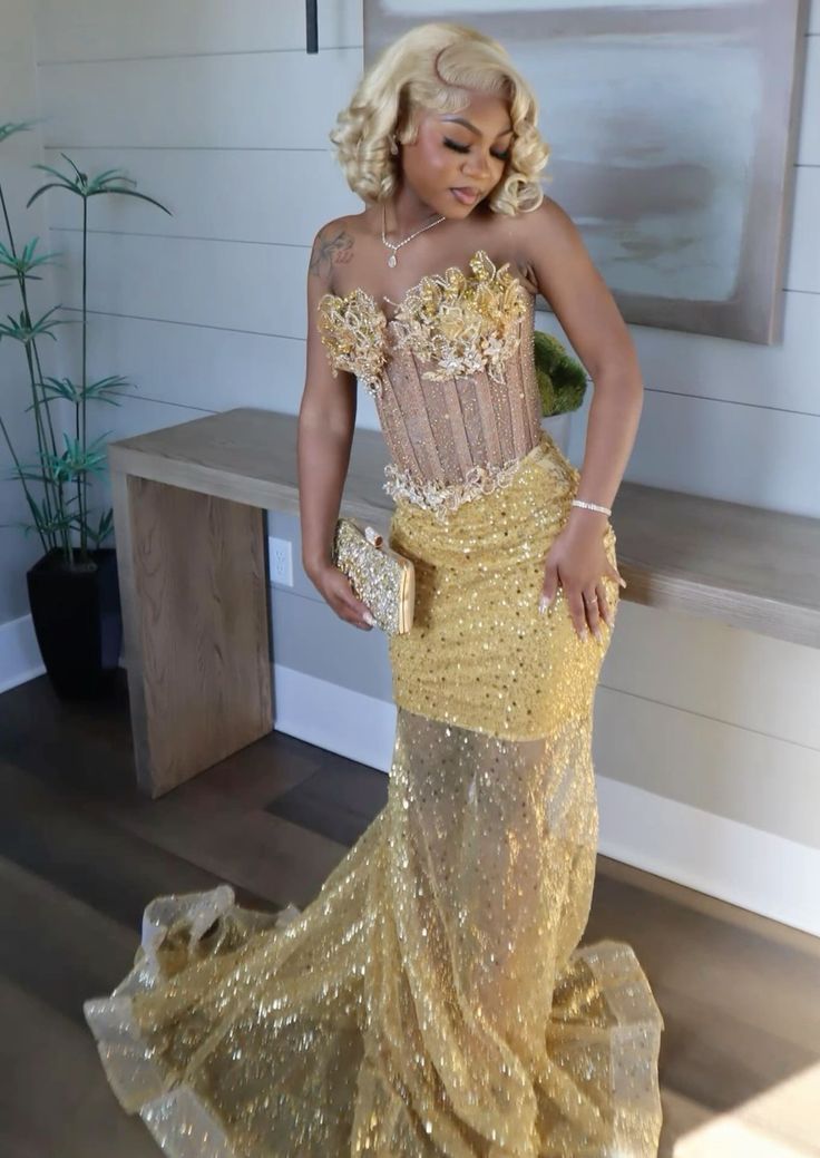 Gold Mermaid Prom Dress Evening Formal Party Birthday Engagement Gowns   fg7444