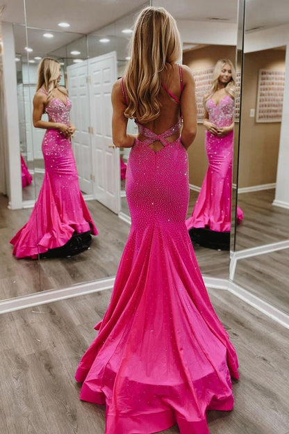 Hot Pink V Neck Satin Mermaid Long Prom Dresses with Beaded      fg6746