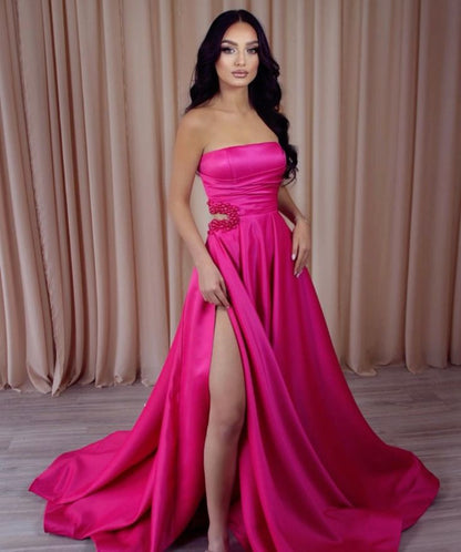 Strapless Prom Dress A-Line Slit With Pearls     fg5656