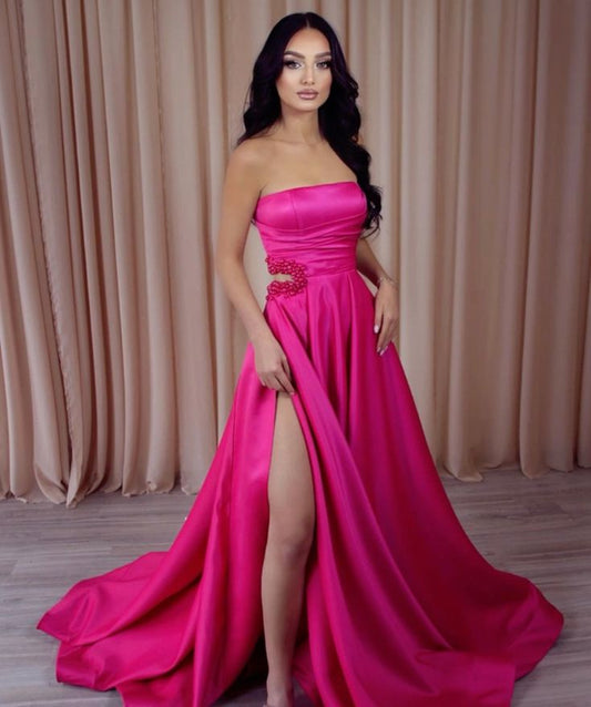 Strapless Prom Dress A-Line Slit With Pearls     fg5656