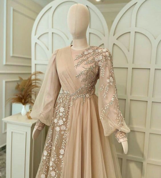 Elegant evening dress tulle muslim dress, wedding guest dress, champagne special occasion dress       fg6673