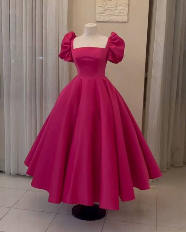 Puffy Sleeves Ankle Length Satin Ball Gown     fg5742