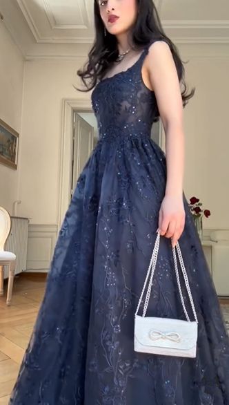 A Line Navy Blue Elegant Birthday Party Dress Long Evening Dress     fg7183