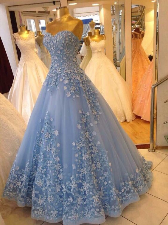 Ball Gown Sweetheart Blue Prom Dresses 3d Flower Dress         fg6487