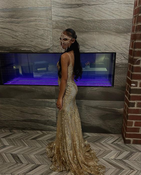 Gold Mermaid Prom Dresses For Black Girls Spaghetti Zipper Back Sweep Train Lace Formal Evening Dress   fg5422