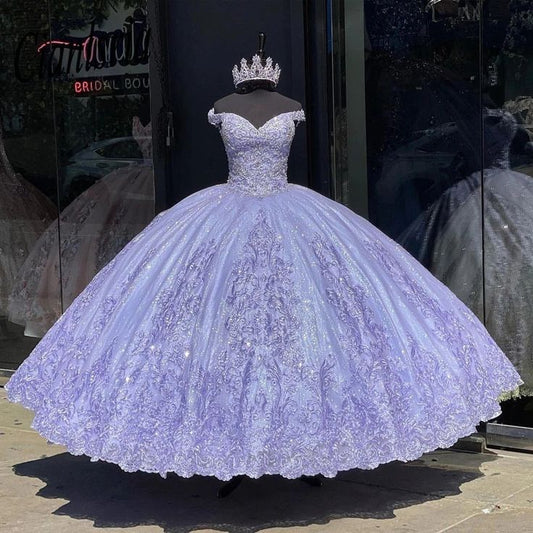 Lavender Off-Shoulder Ball Gown Quinceanera Dresses Vestidos De 15 Anos Lace Glitter Skirt Princess Party Gowns   fg5744