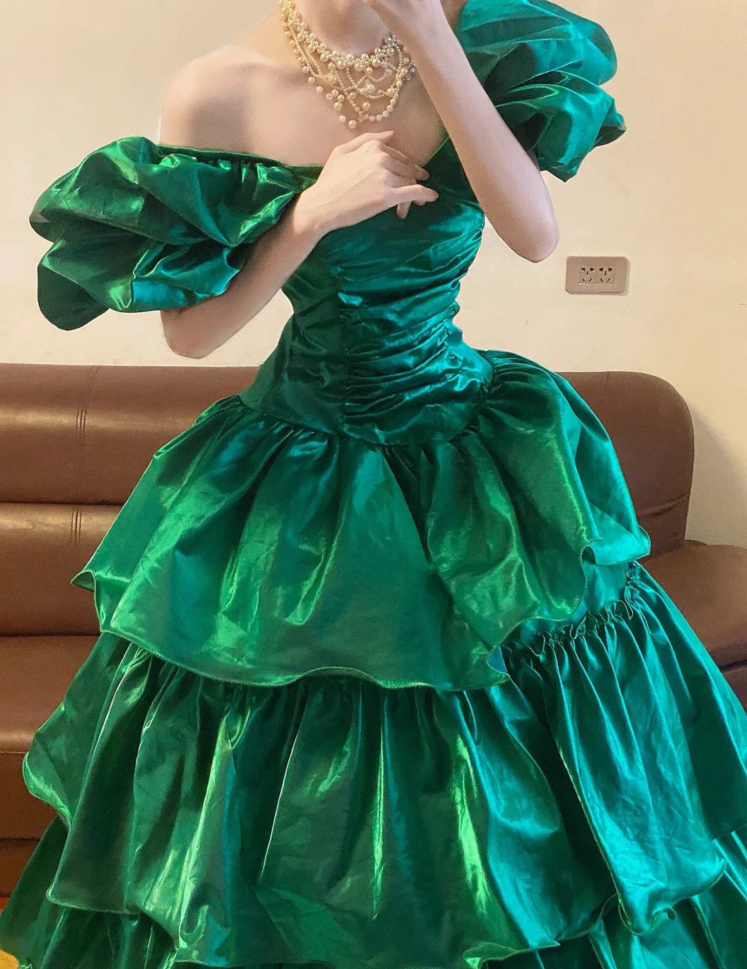 Emerald Green Off Shoulder Long Prom Dresses Vintage Formal Evening Dress  fg7590