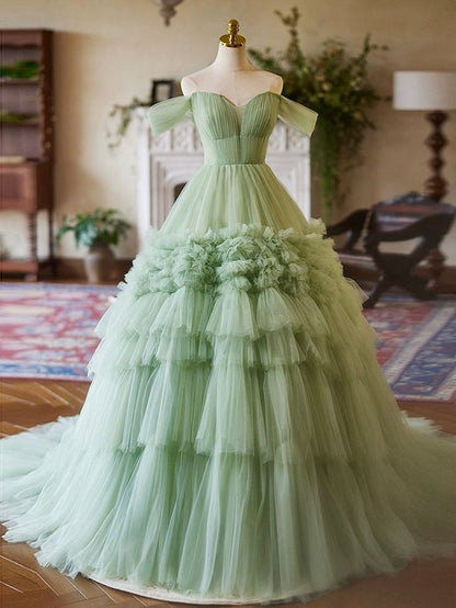 A-Line off Shoulder Tulle Green Long Prom Dress, Green Sweet 16 Dress      fg6744