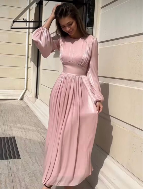 A Line Pink Dresses Long Sleeves Prom Dress       fg5889