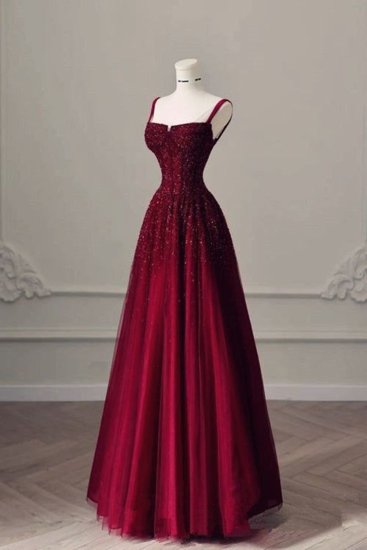 Burgundy Prom Dresses A line Straps Tulle Evening Dresses      fg6734