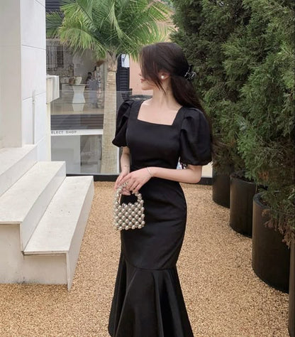 Puff-Sleeve Square-Neck Mermaid Dress,Vintage Black Prom Dress       fg6494